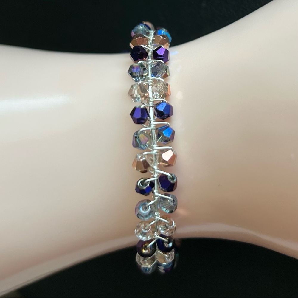 Hand Crafted Iridescent Purple and Clear Crystal Bead wired  Bracelet. New